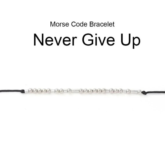 Inspirational Never Give Up Handcrafted Silver Black Unisex Morse Code Bracelet - Picture 2 of 5
